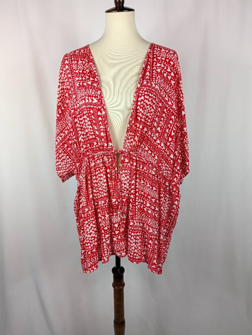 Victorias Secret Red White Heart Pattern Kimono Cover Up Robe Tie Waist OSFM